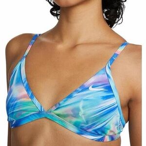 Nike Hydrastrong Triangle Tie Back Bikini Swim Top Blue Multicolor Print XS